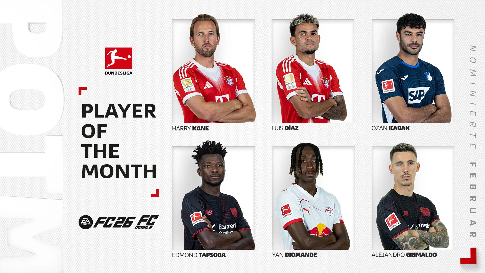 sofascore官网-德甲2月最佳球员候选：凯恩、迪亚斯、迪奥曼德在列